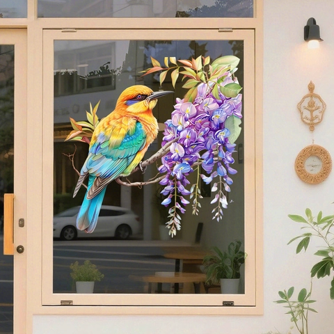 Adesivi Murali PVC Uccello Colorato E Fiori Di Glicine Viola Impermeabile Decalcomania Autoadesiva Per Finestra Casa