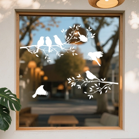 Witte Vogels Tak Vensterstickers Statische Raamstickers PVC Waterdicht Natuur Silhouet Voor Glazen Deur Huisdecoratie