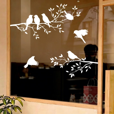 Witte Vogels Tak Vensterstickers Statische Raamstickers PVC Waterdicht Natuur Silhouet Voor Glazen Deur Huisdecoratie