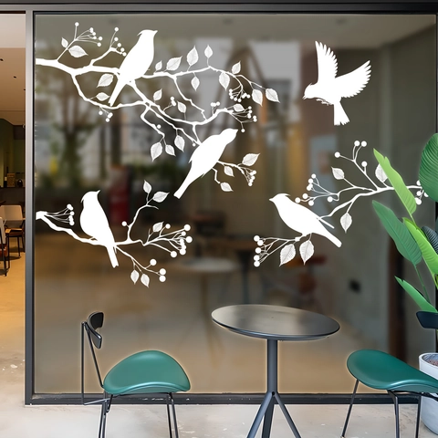 Pegatinas De Ventana De Aves Y Ramas Blancas Calcomanías Estáticas Vidrio Decoración Silueta Minimalista Removible Casa
