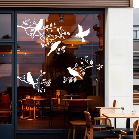 Pegatinas De Ventana De Aves Y Ramas Blancas Calcomanías Estáticas Vidrio Decoración Silueta Minimalista Removible Casa