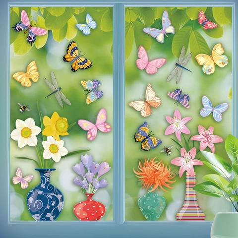 Adesivi Statici Per Finestre Farfalla Vaso Fiori Doppia Faccia PVC Vetro Decorazione Primavera Rimovibile
