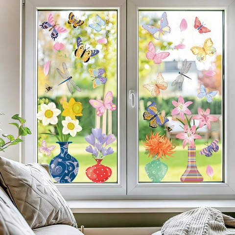 Adesivi Statici Per Finestre Farfalla Vaso Fiori Doppia Faccia PVC Vetro Decorazione Primavera Rimovibile