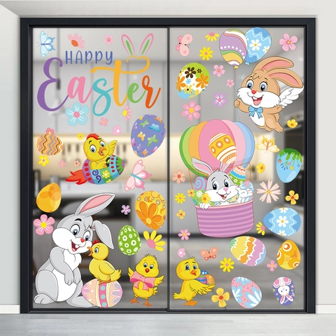 Easter Window Clings Static Stickers Double Sided PVC Bunny Rabbit Colorful Eggs Glass Decoration Holiday Ornament