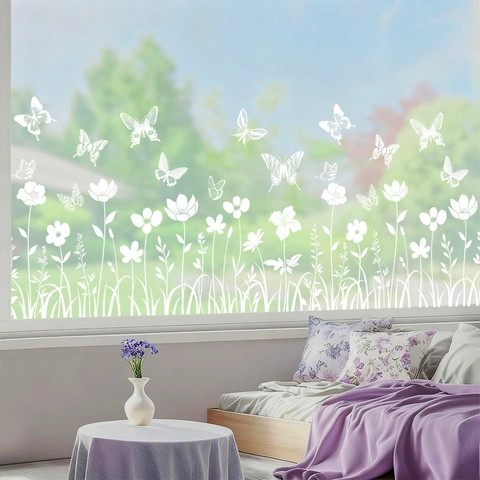 Weiße Schmetterling Blumen Statikaufkleber PVC Fensterbilder Frühling Glasaufkleber Abnehmbar Heimdeko