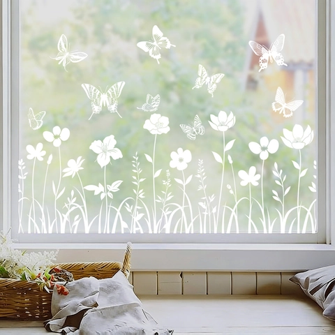 Weiße Schmetterling Blumen Statikaufkleber PVC Fensterbilder Frühling Glasaufkleber Abnehmbar Heimdeko