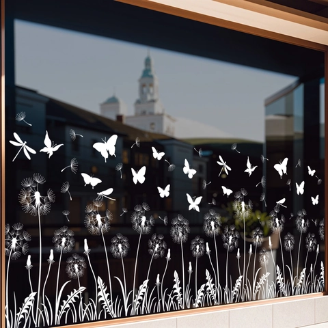 Weiße Löwenzahn Schmetterling Statische Fensteraufkleber PVC Glasaufkleber Für Haus Wohnzimmer Schlafzimmer Dekoration