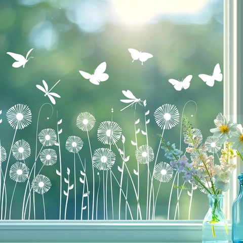 White Dandelion Butterfly Dragonfly Window Stickers Static Cling Glass Decals Spring Floral Silhouette Home Decor