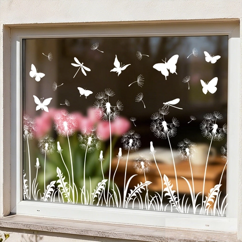 Weiße Löwenzahn Schmetterling Statische Fensteraufkleber PVC Glasaufkleber Für Haus Wohnzimmer Schlafzimmer Dekoration