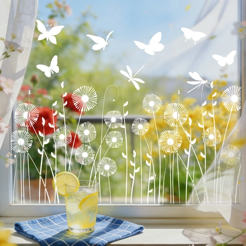 White Dandelion Butterfly Dragonfly Window Stickers Static Cling Glass Decals Spring Floral Silhouette Home Decor
