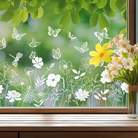 Pegatina Ventana Línea Blanca Flor Mariposa PVC Estática Decorativa Vidrio Hogar Tienda