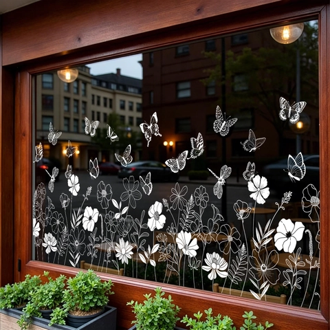 Pegatina Ventana Línea Blanca Flor Mariposa PVC Estática Decorativa Vidrio Hogar Tienda