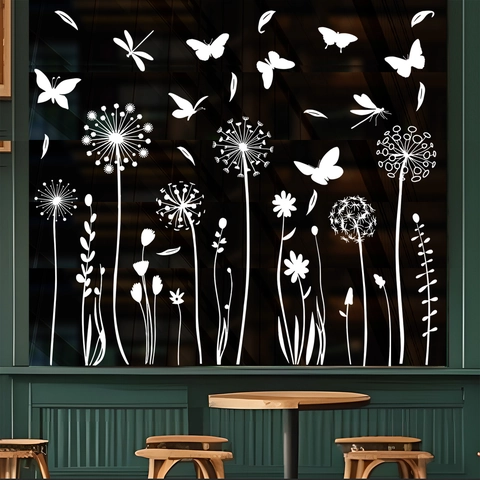 White Dandelion Butterfly Window Stickers Static Cling PVC Removable Glass Decals For Home Shop Decor Minimalist Elegant