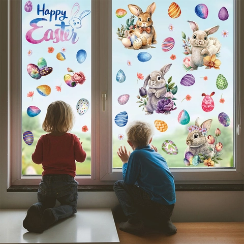 Easter Window Clings Static PVC Double Sided Rabbit Egg Watercolor Decals Holiday Decoration Glass Fridge