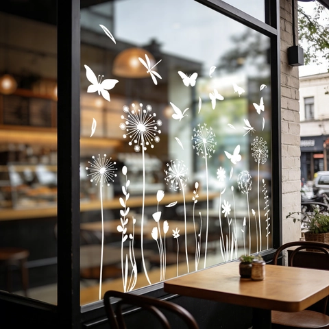 White Dandelion Butterfly Window Stickers Static Cling PVC Removable Glass Decals For Home Shop Decor Minimalist Elegant