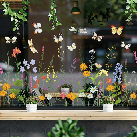 Flower Butterfly Window Stickers Static Cling PVC Decals Colorful Floral Dragonfly Pastoral Glass Decoration