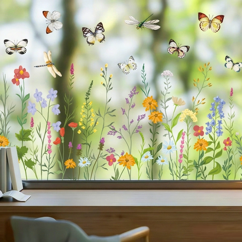 Flower Butterfly Window Stickers Static Cling PVC Decals Colorful Floral Dragonfly Pastoral Glass Decoration