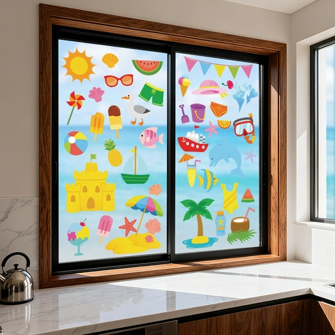 Summer Beach Window Stickers Static Cling PVC Double Sided Colorful Ocean Animal Cartoon Dolphin Home Glass Decoration