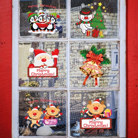 Adesivi Natalizi Per Finestre PVC Statici Cartone Babbo Natale Renna Pupazzo Di Neve Decalcomanie Merry Christmas Home Decor