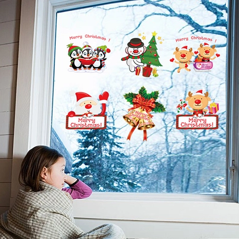 Adesivi Natalizi Per Finestre PVC Statici Cartone Babbo Natale Renna Pupazzo Di Neve Decalcomanie Merry Christmas Home Decor