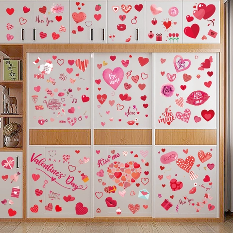 Pegatinas Ventana San Valentín Romántico Corazón Rosa Rojo Estáticas Decoración Vidrio Puerta Refrigerador Hogar Fiesta