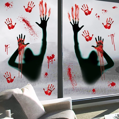 Halloween Window Stickers PVC Bloody Handprints Shadow Person Ghost Haunted House Party Decoration Horror Static Clings
