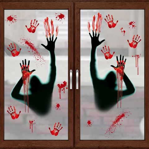 Halloween Window Stickers PVC Bloody Handprints Shadow Person Ghost Haunted House Party Decoration Horror Static Clings