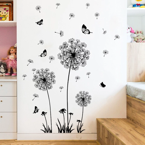 Adesivo Da Parete Tarassaco Farfalla PVC Impermeabile Removibile DIY Decalcomania Per Soggiorno Camera Nero Silhouette