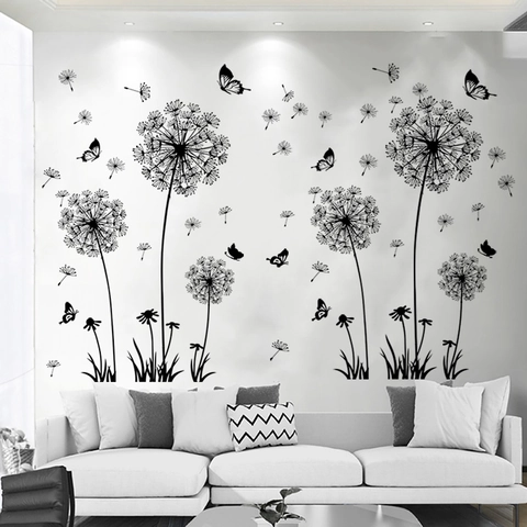 Adesivo Da Parete Tarassaco Farfalla PVC Impermeabile Removibile DIY Decalcomania Per Soggiorno Camera Nero Silhouette