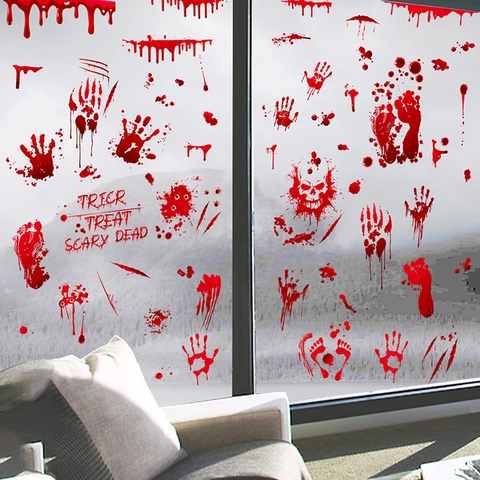 Halloween Pegatinas Ventana Vinilos Pared Estáticas Huellas Sangre Calabaza Gnomos Calavera Decoración Impermeable PVC Doble Cara
