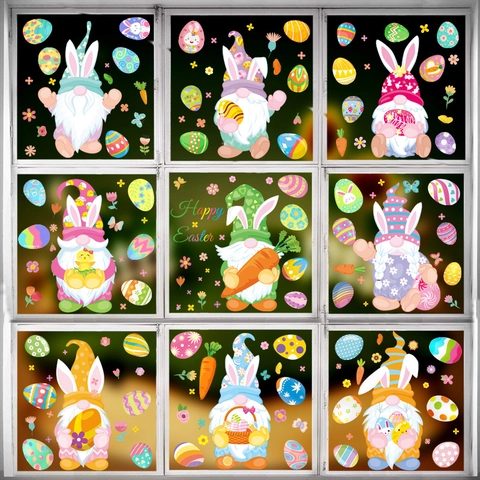 Easter Gnome Window Clings Stickers PVC Static Double Sided Colorful Rabbit Bunny Egg Carrot Home Holiday Decals