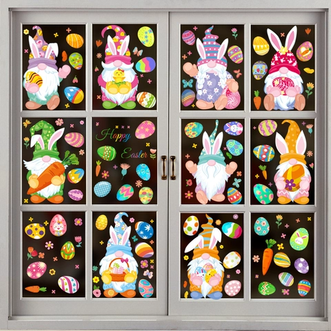 Easter Gnome Window Clings Stickers PVC Static Double Sided Colorful Rabbit Bunny Egg Carrot Home Holiday Decals