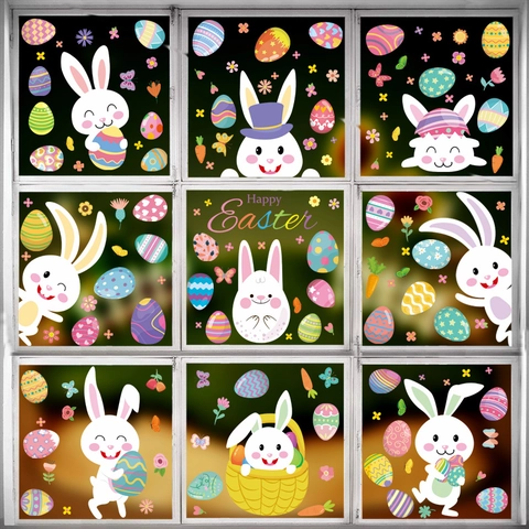 Easter Window Clings Static Stickers Double Sided Cartoon Rabbit Colorful Eggs Decoration For Glass Holiday Decals
