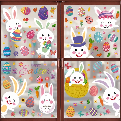 Easter Window Clings Static Stickers Double Sided Cartoon Rabbit Colorful Eggs Decoration For Glass Holiday Decals