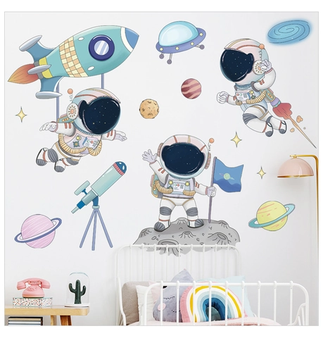 Cartoon Space Astronaut Wall Sticker Waterproof PVC Rocket Planet Spaceship Removable Decals For Kids Room Nursery Decor