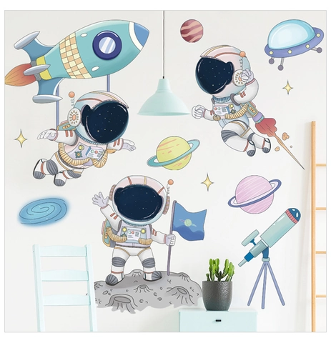 Cartoon Space Astronaut Wall Sticker Waterproof PVC Rocket Planet Spaceship Removable Decals For Kids Room Nursery Decor