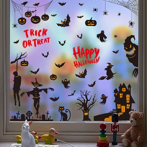 Halloween Window Clings PVC Static Stickers Double Sided Glass Decals Pumpkin Witch Ghost Bat Party Decorations Reusable