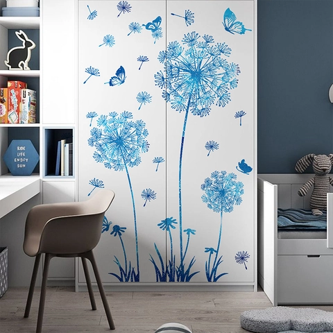Autocollants Muraux Pissenlit Papillon Bleu Ciel Étoilé PVC Imperméable Stickers Artistiques Auto-Adhésifs Pour Salon Chambre
