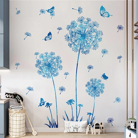 Autocollants Muraux Pissenlit Papillon Bleu Ciel Étoilé PVC Imperméable Stickers Artistiques Auto-Adhésifs Pour Salon Chambre