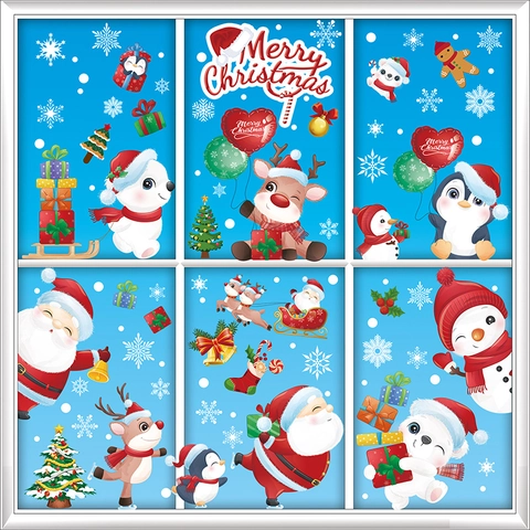 Christmas Window Clings Double Sided Static PVC Stickers Santa Claus Reindeer Snowman Holiday Party Glass Decor