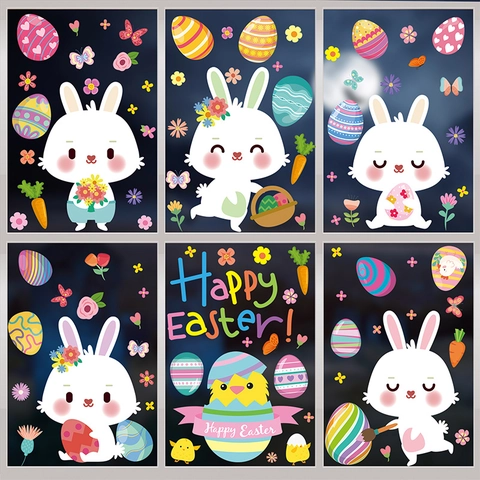 Easter Window Clings Static PVC Stickers Double Sided Cartoon Bunny Rabbit Colorful Eggs Gnomes Decorative Decals For Glass