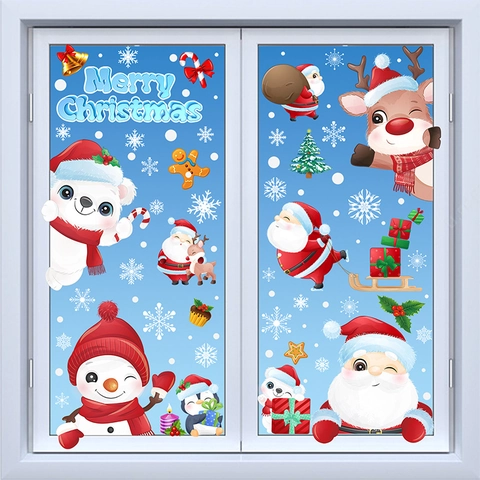 Christmas Window Clings Static Stickers Santa Claus Reindeer Snowflake Double Sided Holiday Decor For Home