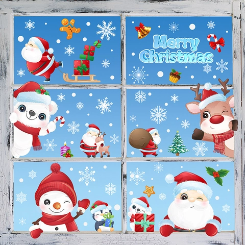 Christmas Window Clings Static Stickers Santa Claus Reindeer Snowflake Double Sided Holiday Decor For Home