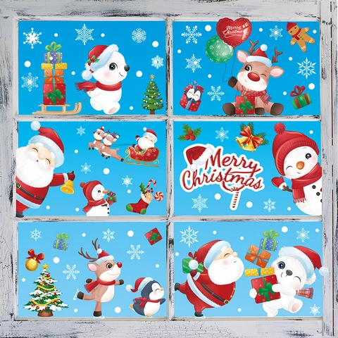 Christmas Window Clings Double Sided Static PVC Stickers Santa Claus Reindeer Snowman Holiday Party Glass Decor