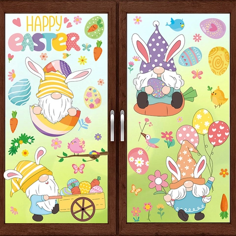 Easter Window Clings Static Cling Double Sided Gnomes Rabbit Eggs Glass Decals Holiday Decorations For Home School Office