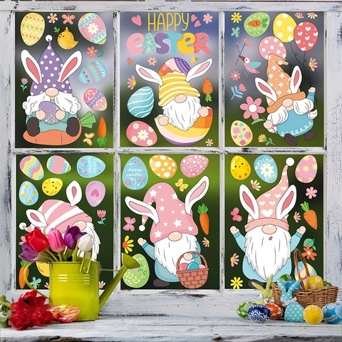 Easter Window Clings Static Cling Double Sided Gnomes Rabbit Eggs Glass Decals Holiday Decorations For Home School Office