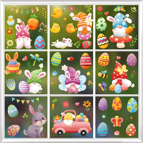 Easter Window Clings Gnomes Bunny Ears Static Cling PVC Double Sided Removable Glass Decals For Home Party Decoration