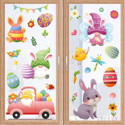 Easter Window Clings Gnomes Bunny Ears Static Cling PVC Double Sided Removable Glass Decals For Home Party Decoration