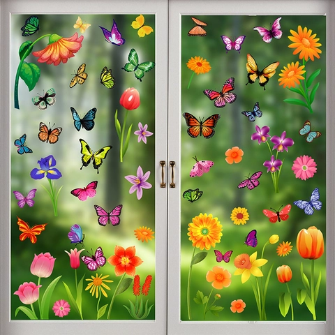 Static Window Clings Double Sided Flower Butterfly PVC Decals For Glass Door Spring Home Decor Removable Stickers