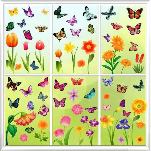 Static Window Clings Double Sided Flower Butterfly PVC Decals For Glass Door Spring Home Decor Removable Stickers